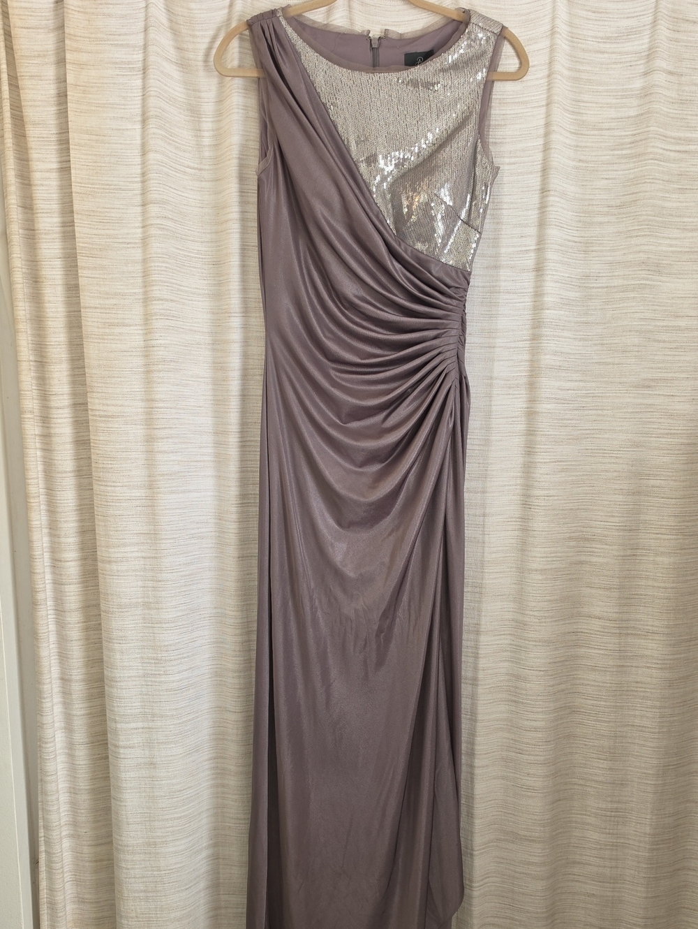 Adrianna Papell Taupe Maxi Formal Dress with Silver Sequin Bodice Size 8